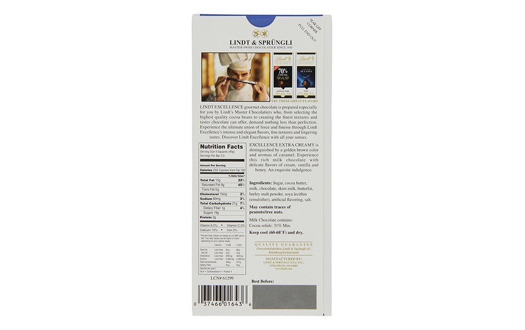 Lindt Excellence Extra Creamy Milk Chocolate   Box  100 grams